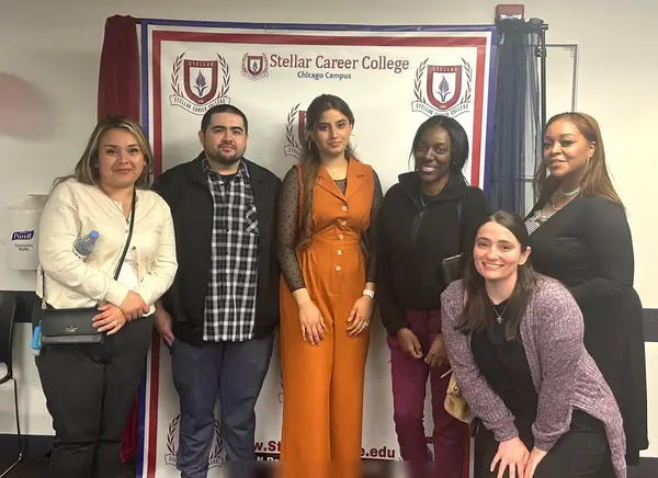 Alina Asif with new students at a meet and greet, Stellar Career College Chicago campus